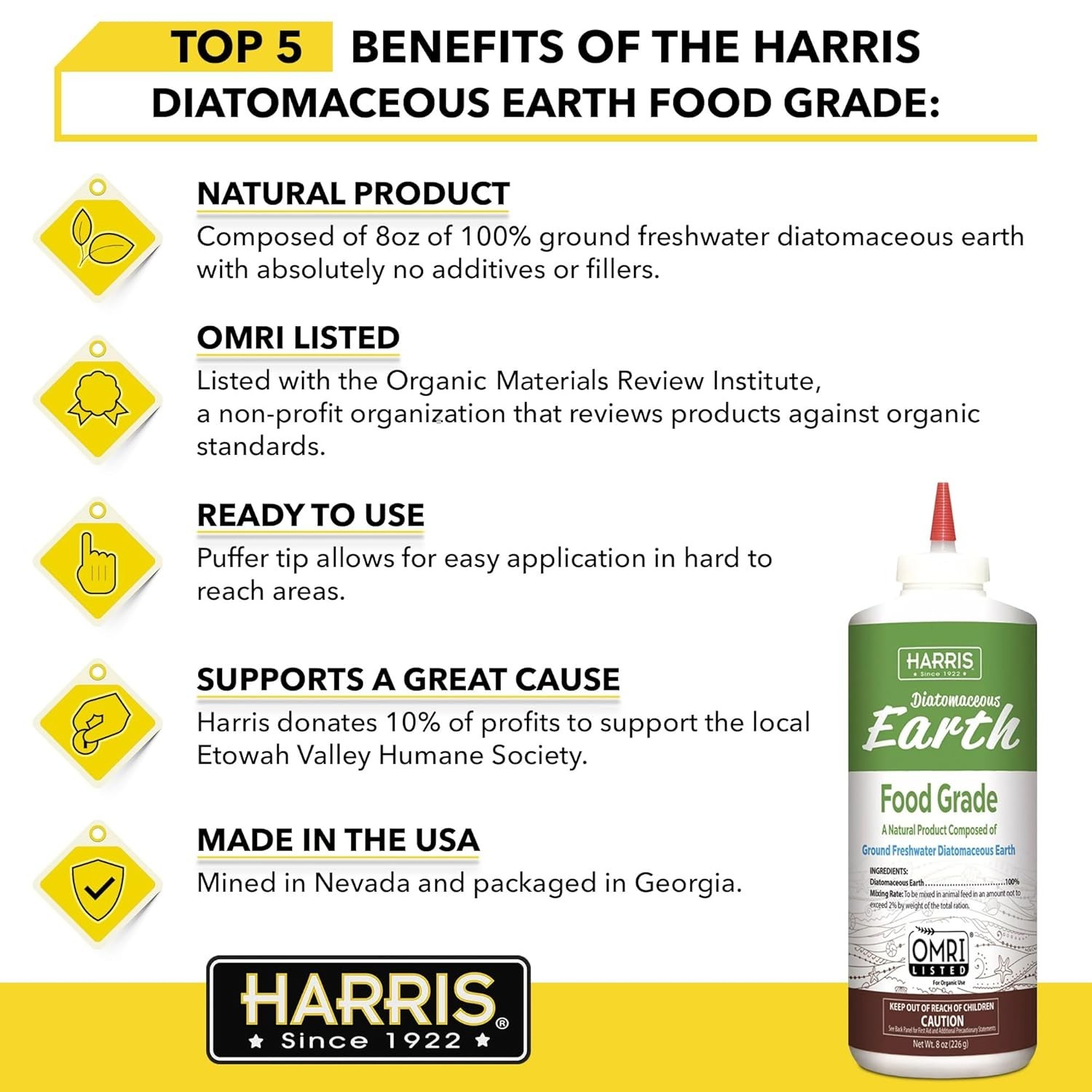 HARRIS Diatomaceous Earth Food Grade, Half Pound with Easy Application Puffer