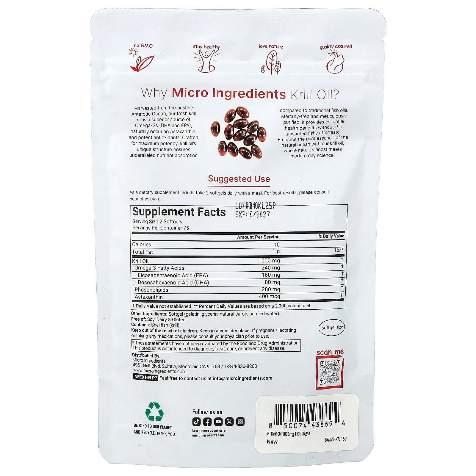 2 X Micro Ingredients, Antarctic Krill Oil, 150 Softgels (500 mg per Softgel)