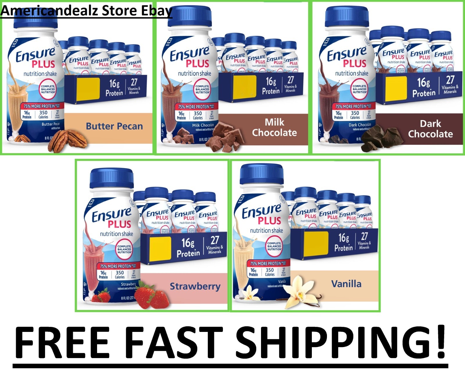 Ensure PLUS 8 fl oz Shakes CHOOSE FLAVOR & COUNT, Vanilla, Strawberry, Chocolate