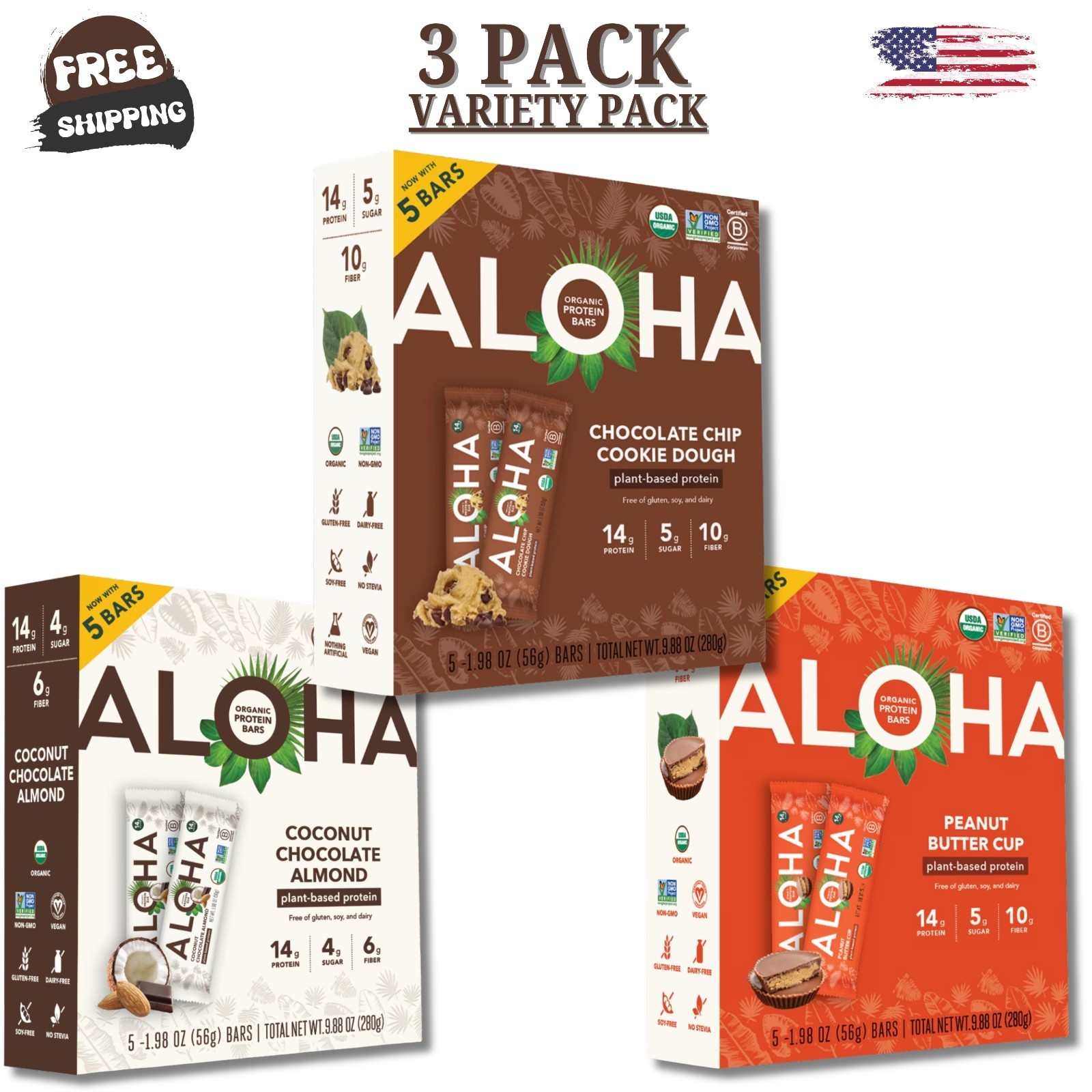 ALOHA Plant Based Protein Bars, Variety Pack, 14g Protein, 3 Flavors – 3 Pack