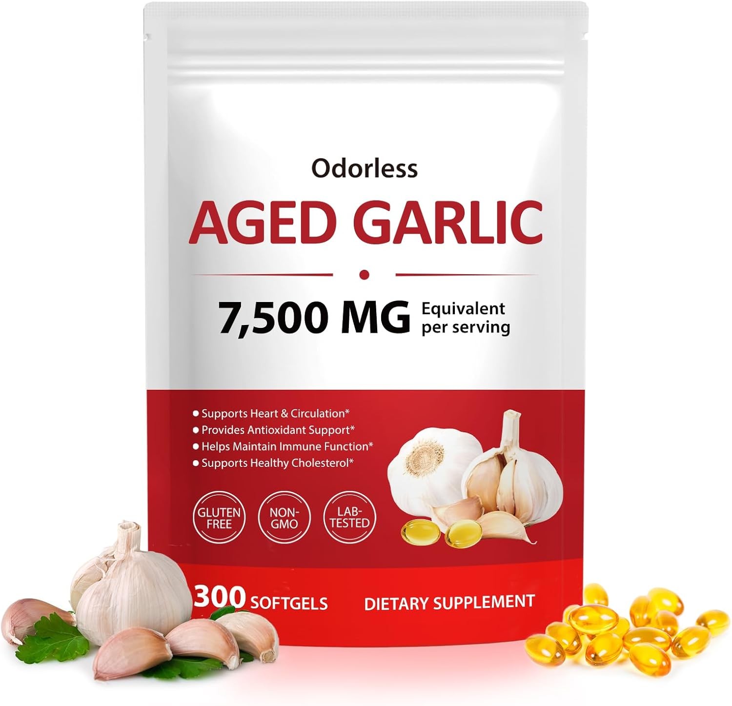 Odorless Garlic 7500mg Per Servings, 300 Softgels | 2 Years Aged Garlic Extra…