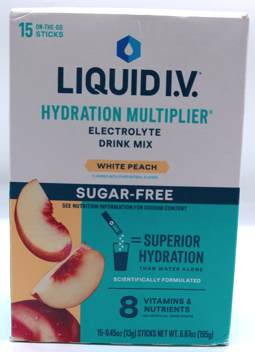 Liquid I.V. White Peach, 15 Packets, 0.45 Oz. Each Pack, Exp. 7/27