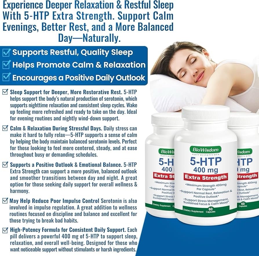 BioWisdom 5-HTP 400mg Extra Strength Stress Management Veg Capsules Exp:02/2029