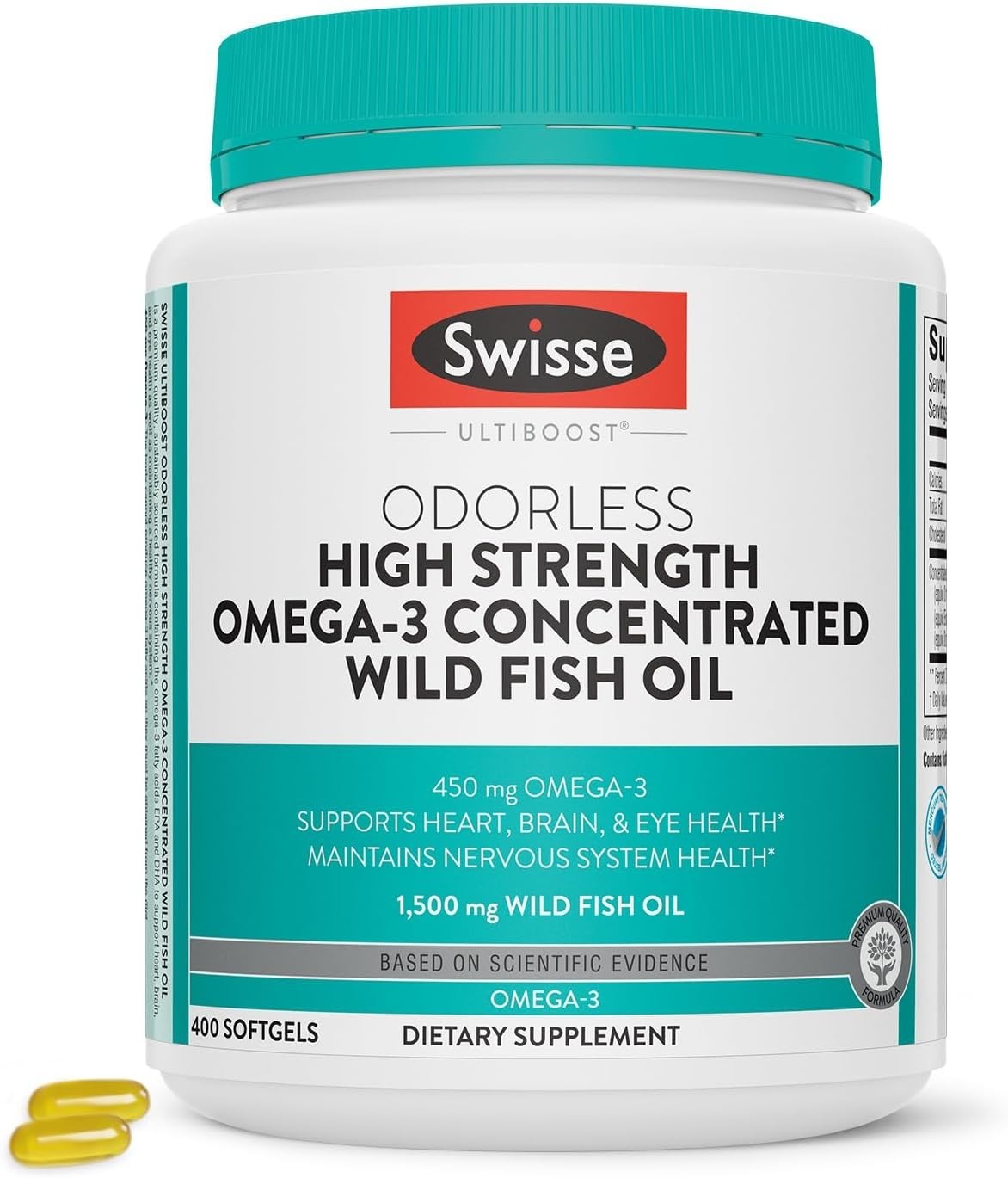 New Swisse High Strength 1500mg Fish Oil Omega-3, 400 pills, Odorless Exp 09/26