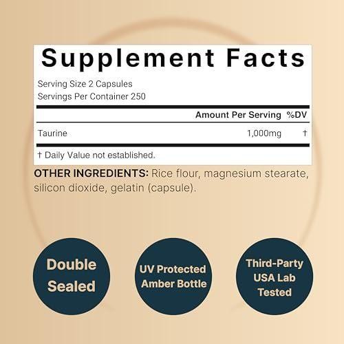 Naturebell Taurine 1,000mg Per Serving, 500 Capsules | Essential Amino Acids for