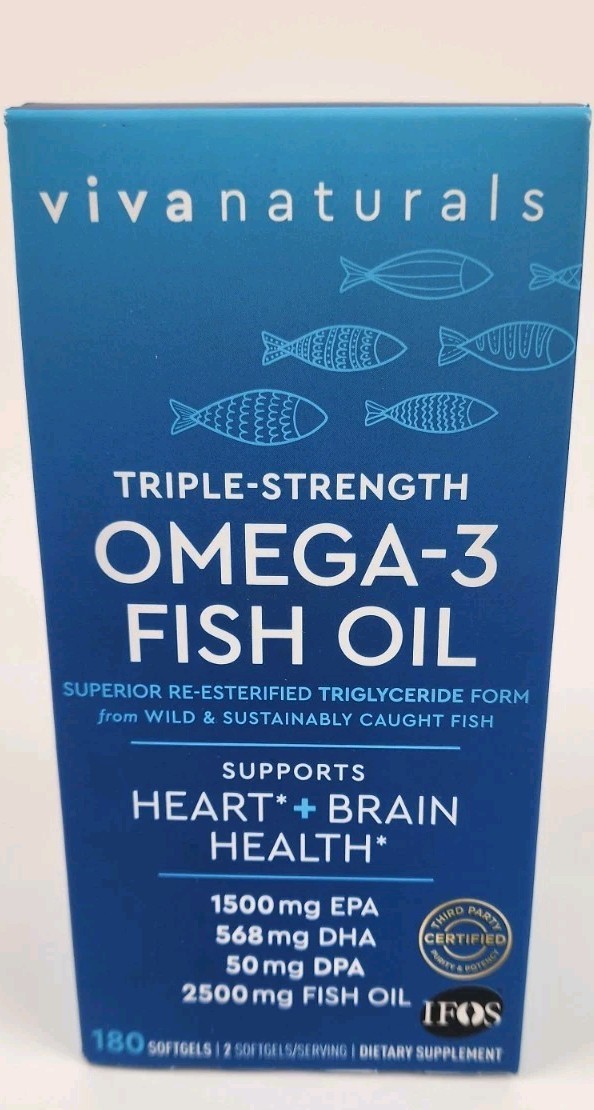 Viva Naturals Triple Strength Omega 3 Fish Oil Supplement 2500mg 180 Ct EXP 9/26