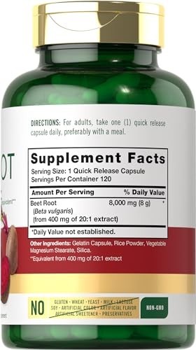 USDA Organic Extra Strength Beet Root 20:1 Extract 8000 mg Strength 120 Capsules