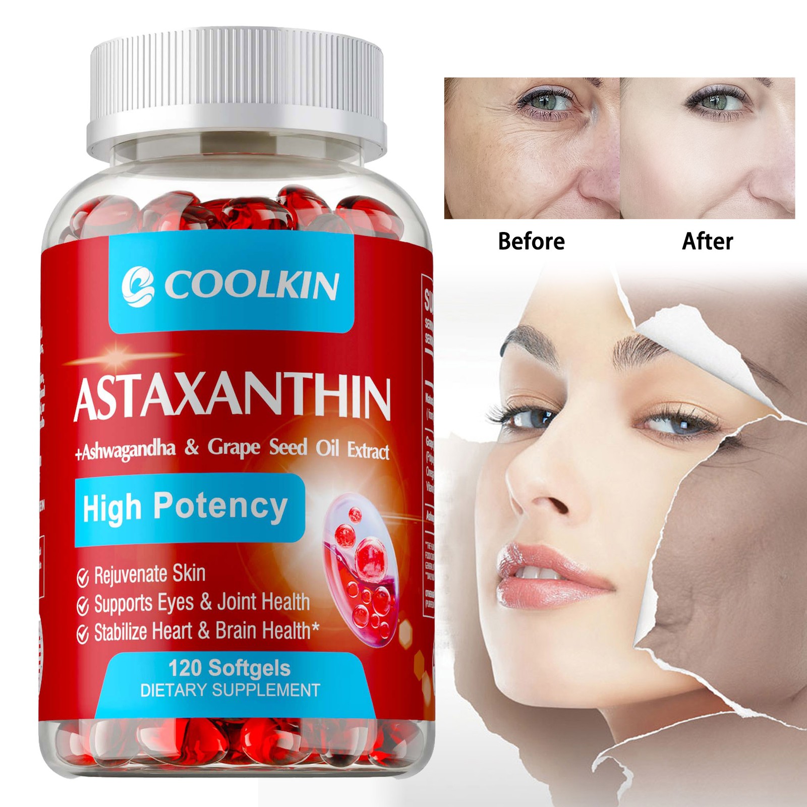 Astaxanthin 24mg – Ashwagandha, Grape Seed Oil – for Skin, Eyes & Joint Health