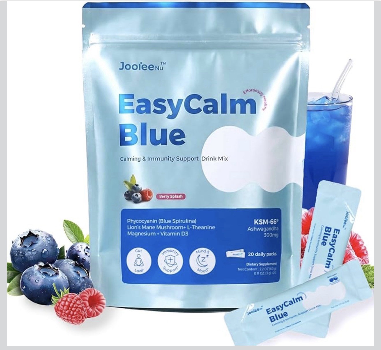 Jooieenu EasyCalm Blue Drink Mix Powder Berry Splash 20pk Zero Sugar