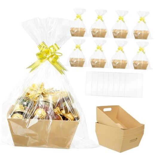 8Pcs Empty Gift Basket Set Thick Kraft Cardboard Basket to Fill with 8 Wrap