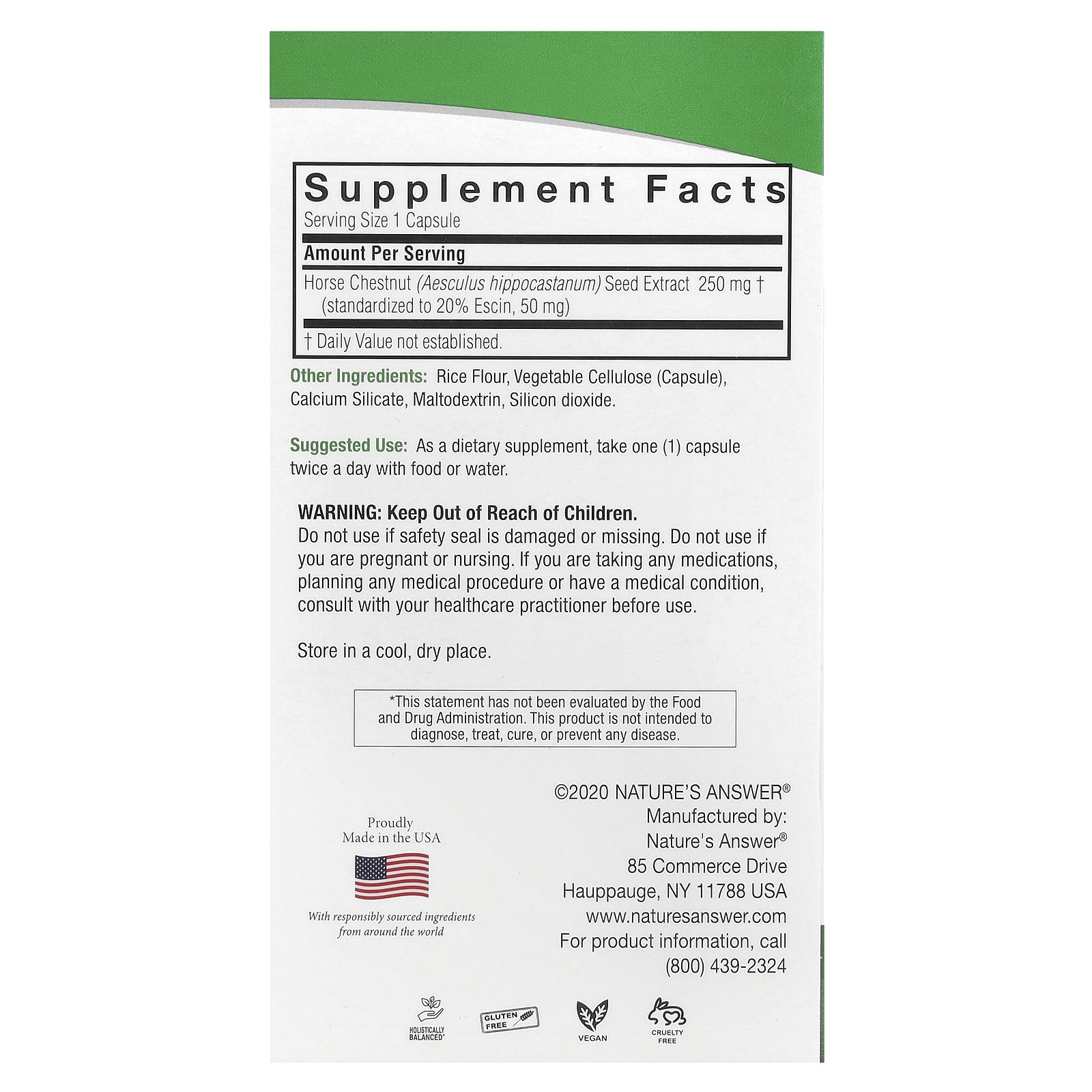 Nature s Answer Horse Chestnut 250 mg 90 Vegetarian Capsules Cruelty-Free, Not