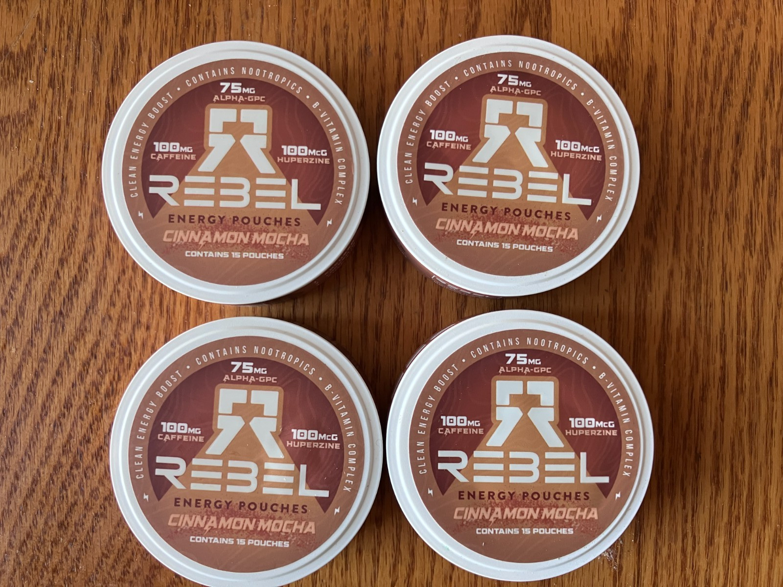 lot of 4 15-count cases rebel energy caffeine pouches cinnamon mocha bb 3/27