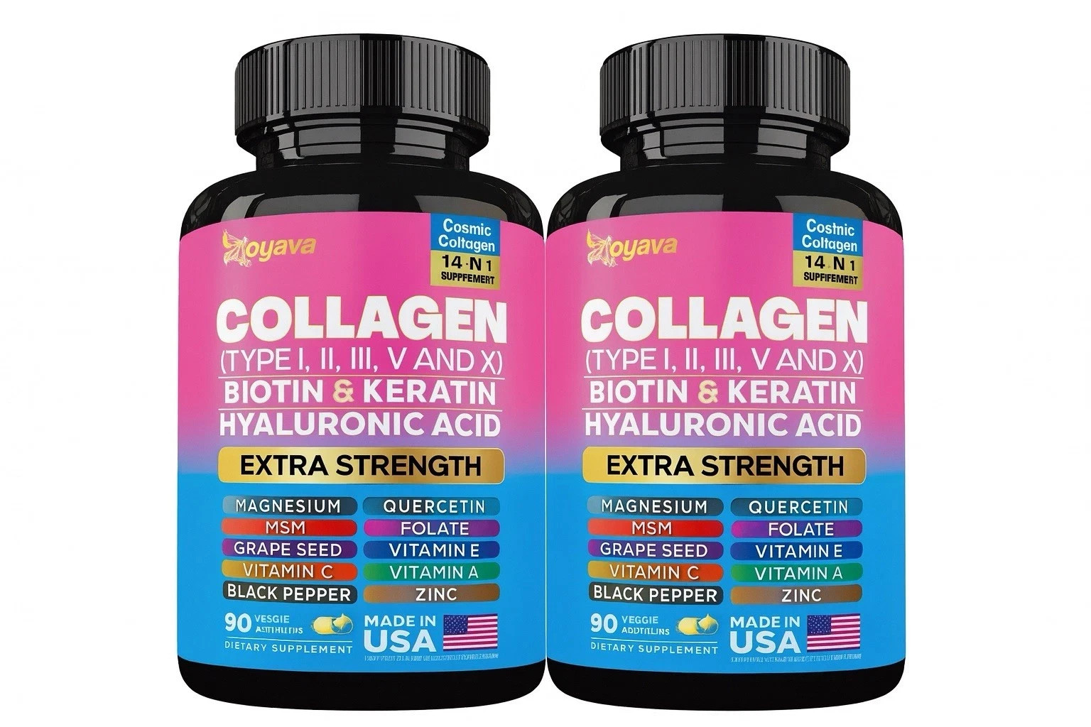 2 Pack- Zoyava Collagen 14-1 Extra Strength | Biotin Keratin Hyaluronic Acid USA