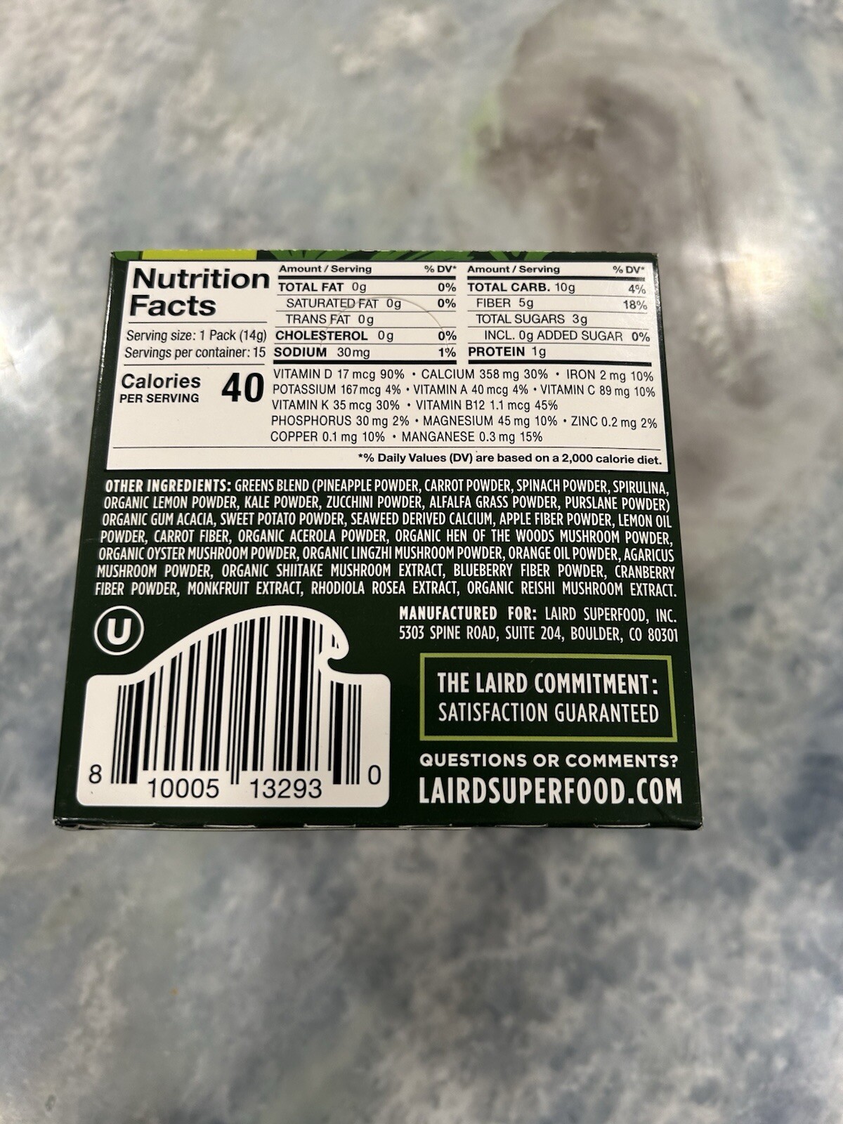 Laird Superfood – Daily Greens Prebiotic 15 Count of 0.5 Oz Pks. Total of 7.5 Oz