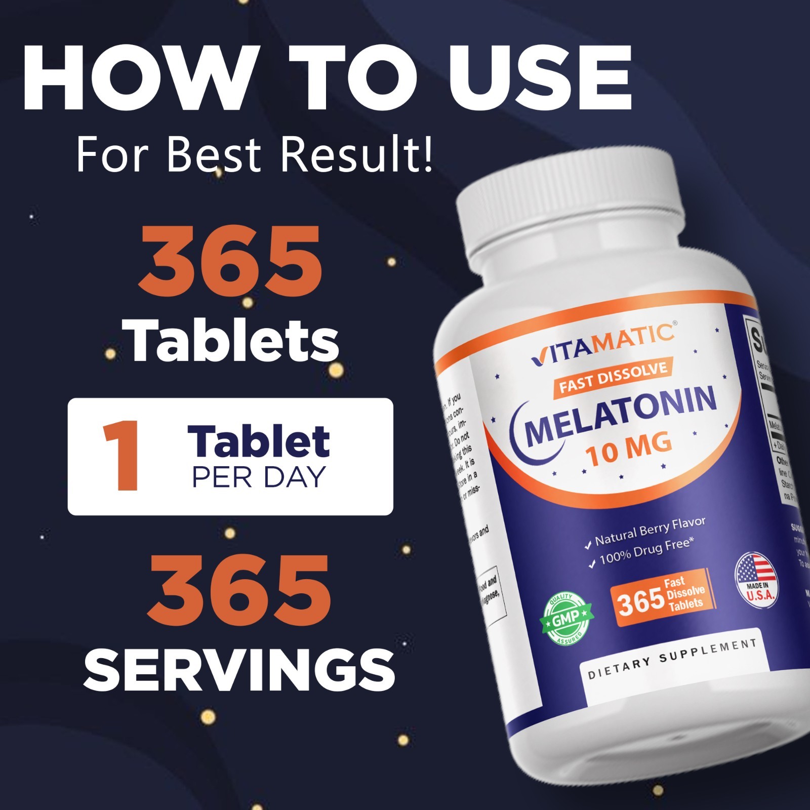 Vitamatic Melatonin 10 mg Tablets | Non-GMO, Gluten Free, 1 Year Supply