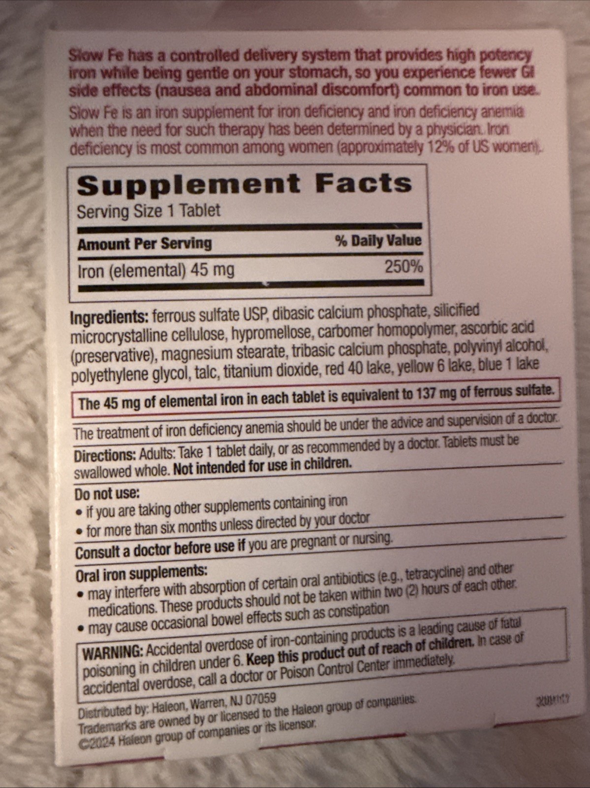 Slow Fe Slow Release Iron Supplement High Potency 30 tab 05/2028 Slowfe