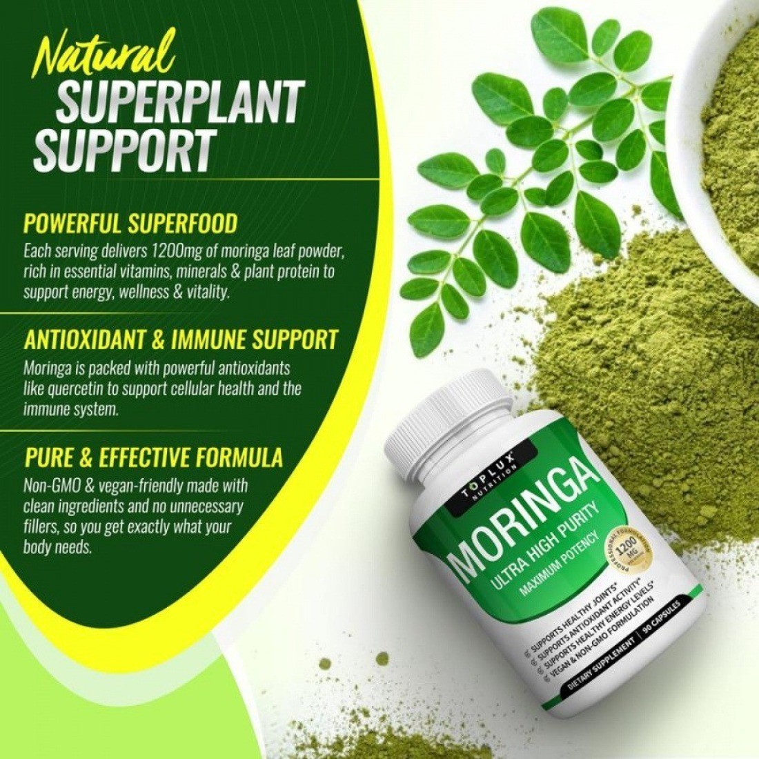 3PCS-TOPLUX Moringa Capsules 1200mg Pure Moringa Powder Immune Gut health 90Caps