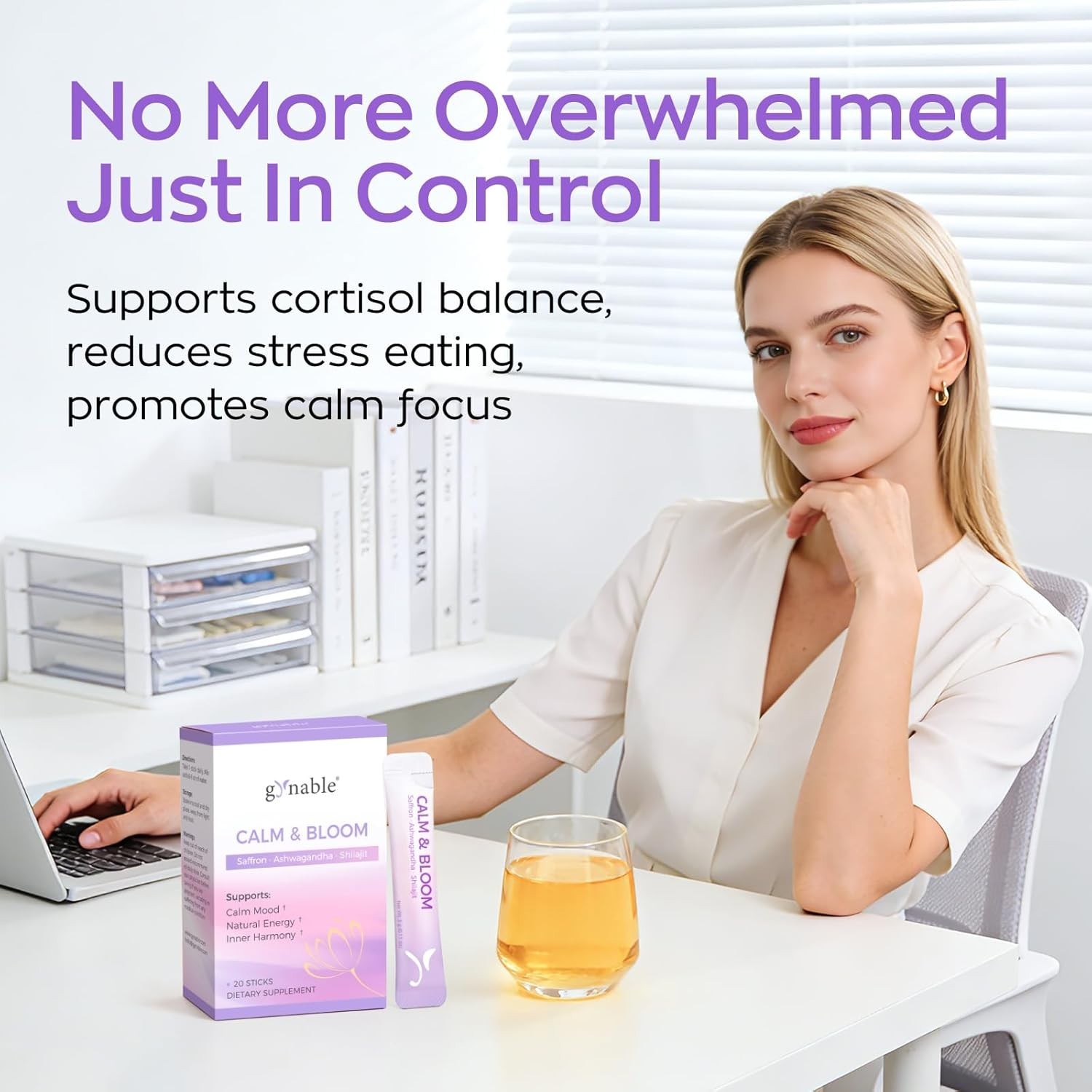 Gynable Saffron Supplements Calm Drink Mix Powder,7‑in‑1 Blend with 89mg Saffron