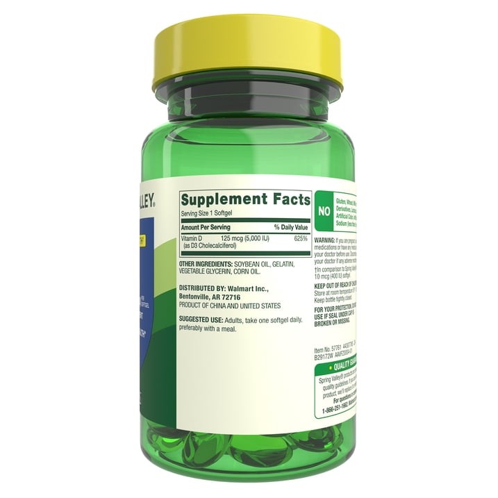 Spring Valley Vitamin D3 5000 IU 125 mcg Softgels Bone Immune Health 250 Count