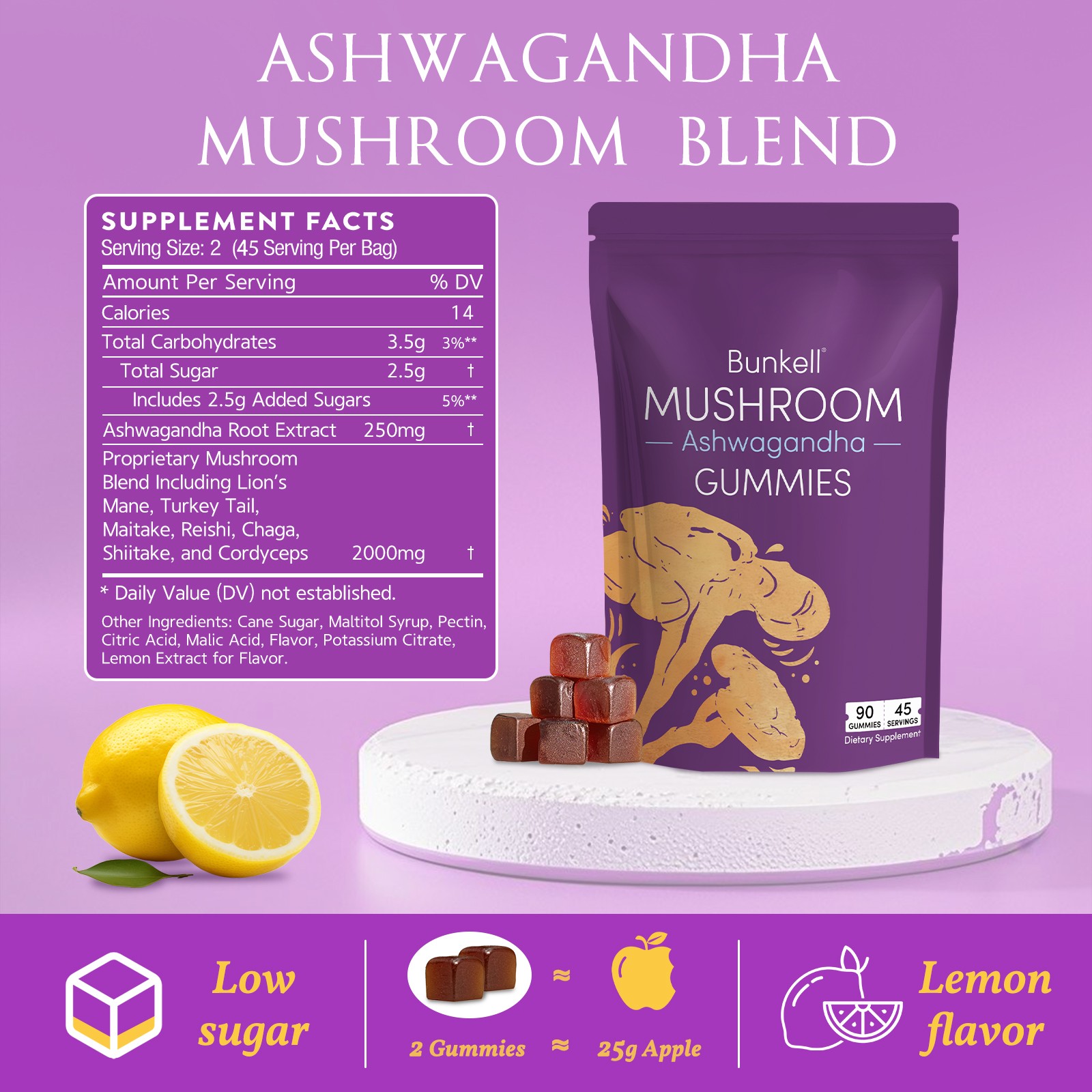 Mushroom Gummies Supplement 2250mg with Ashwagandha Functional Gummies