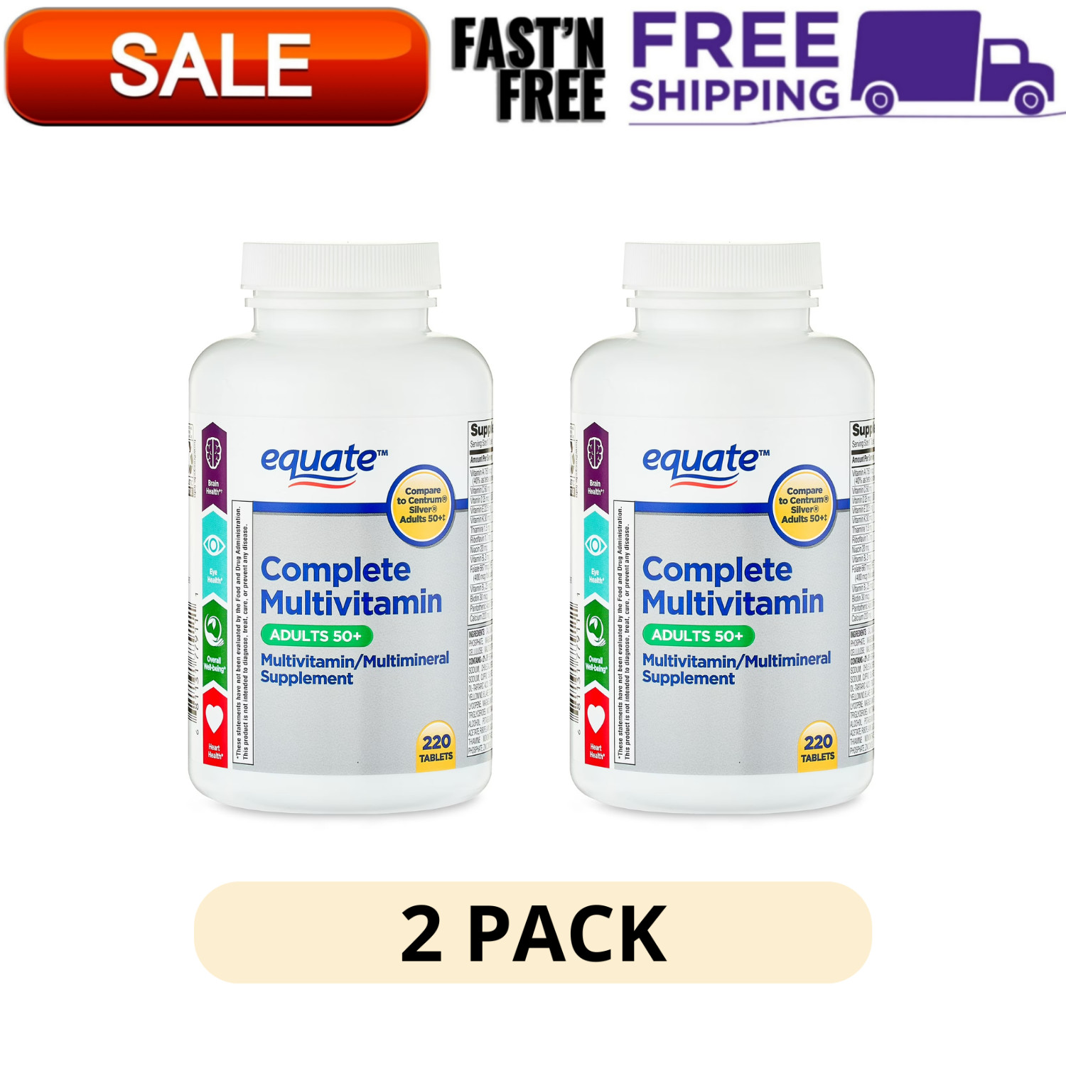 2 Pack Equate Adults 50 Plus Multivitamin Multimineral 220 Tablets