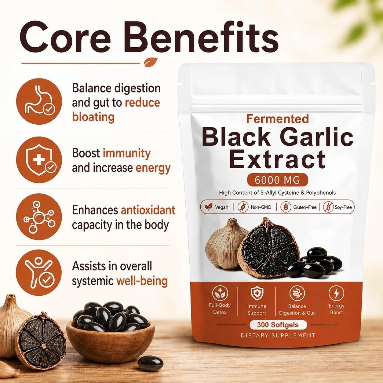 Fermented Black Garlic Extract, Natural Black Garlic Capsules, Odorless Garlic..