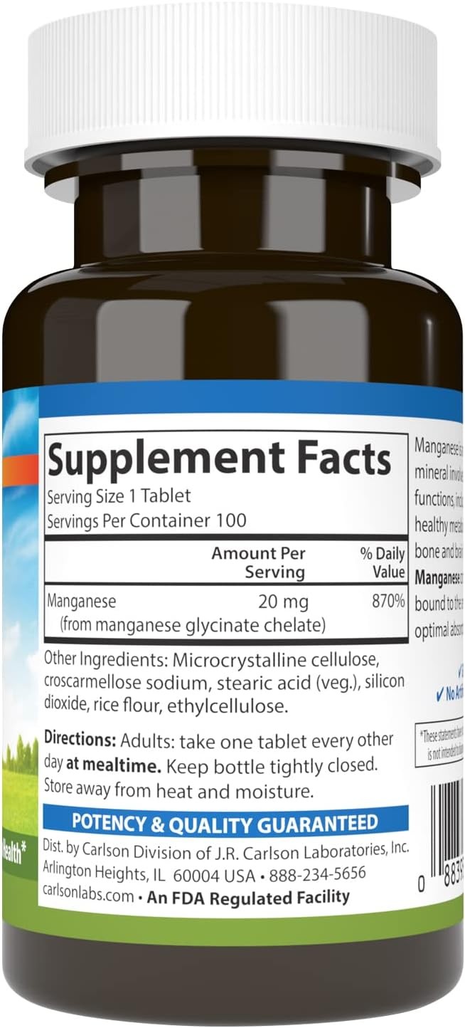 Carlson – Chelated Manganese, 20 mg, Superior Absorption, Healthy Metabolism, Bo