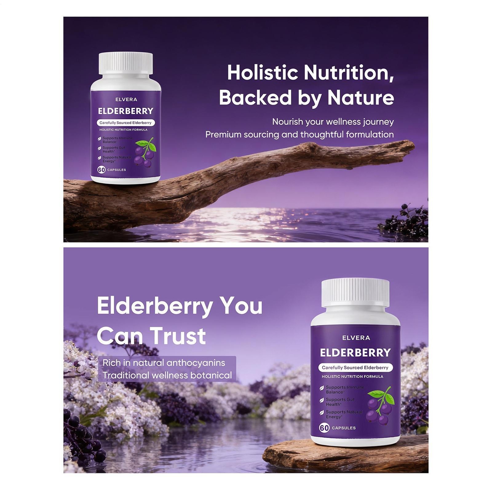 1-3x Elvera Elderberry Gut Support Complex – Natural Black Elderberry Capsules