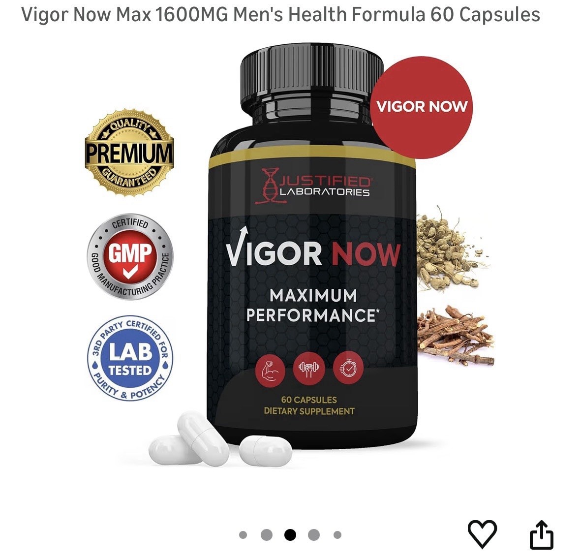 Vigor Now Max Men’s Health Supplement 1600mg 60 Capsules New BB Date 06-27