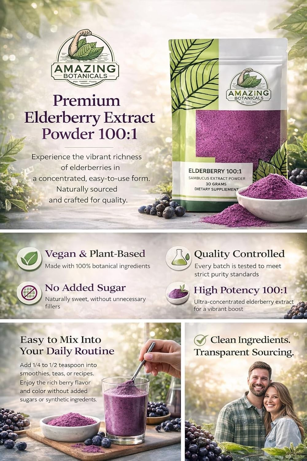 Elderberry Sambucus Extract Powder 100:1 | Vegan, Non-GMO, No Added Sugar
