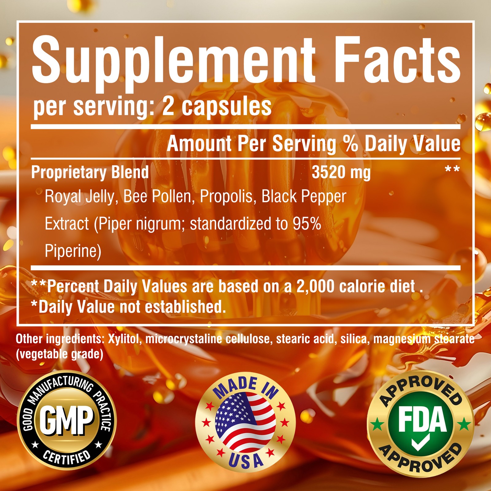 Bee Pollen 3520mg – with Royal Jelly, Propolis, Black Pepper – Enhance Immunity