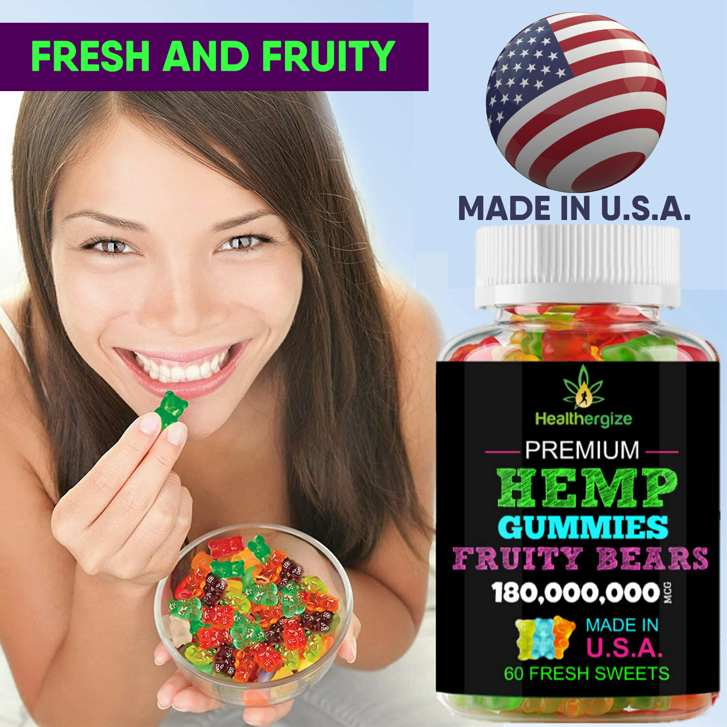 Natural Gummies Bears-Stress, Sleep, Anxiety, Pain, Muscle, Calm, Relax-USA MADE