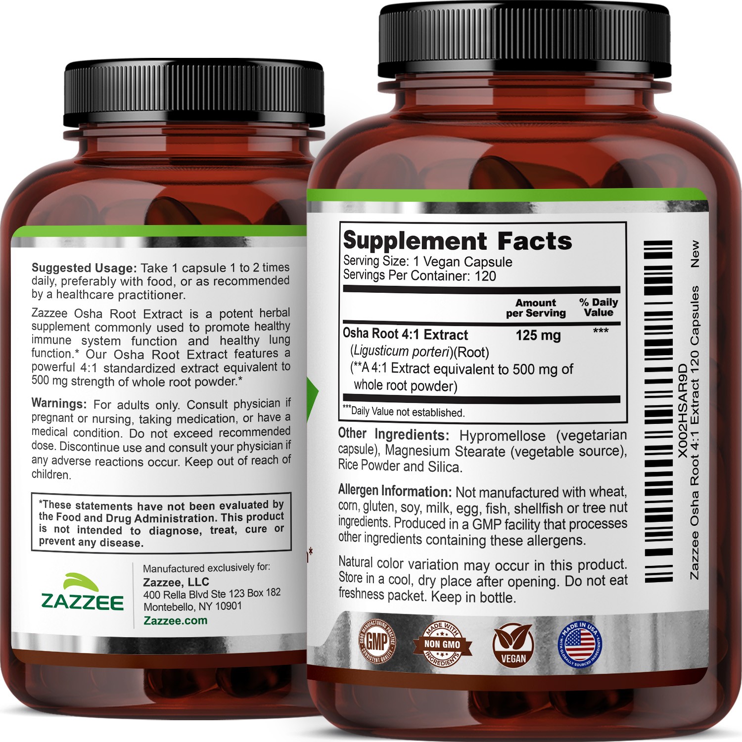 Osha Root Extract 120 Capsules Vegan 500 mg Strength Potent 4:1 Immune Support