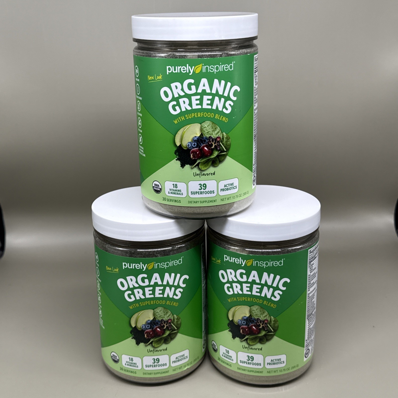 Lot of 3 Organic Greens With Superfood Blend, Unflavored, 10.75 oz Exp 07/2026