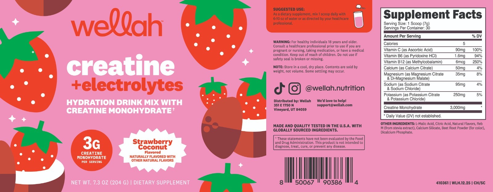 Wellah Creatine + Hydration Powder (Strawberry Coconut) 30 Servings – Drink Mix