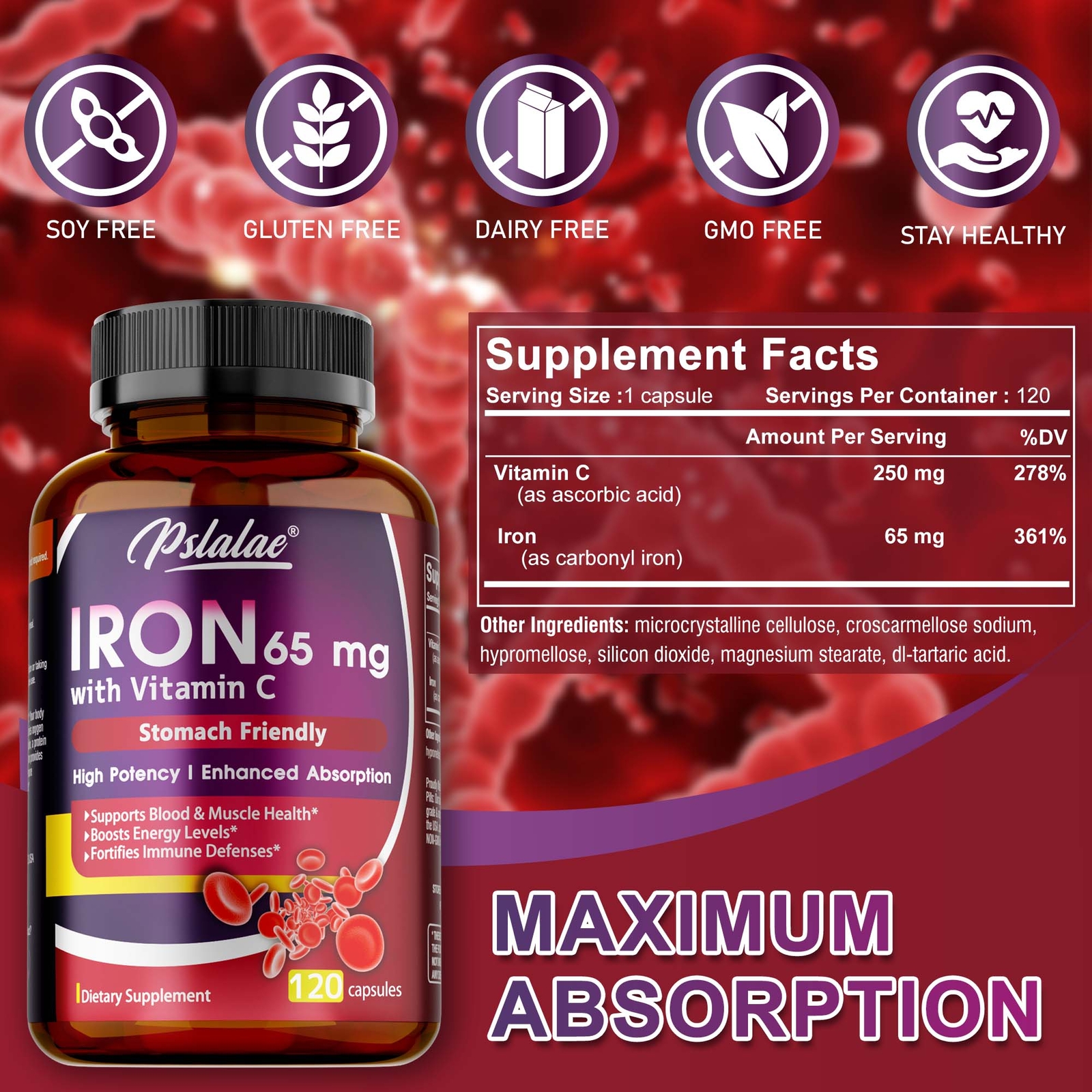 Iron Supplement 65mg – with Vitamin C – Absorbs Easily Raise Hemoglobin Levels