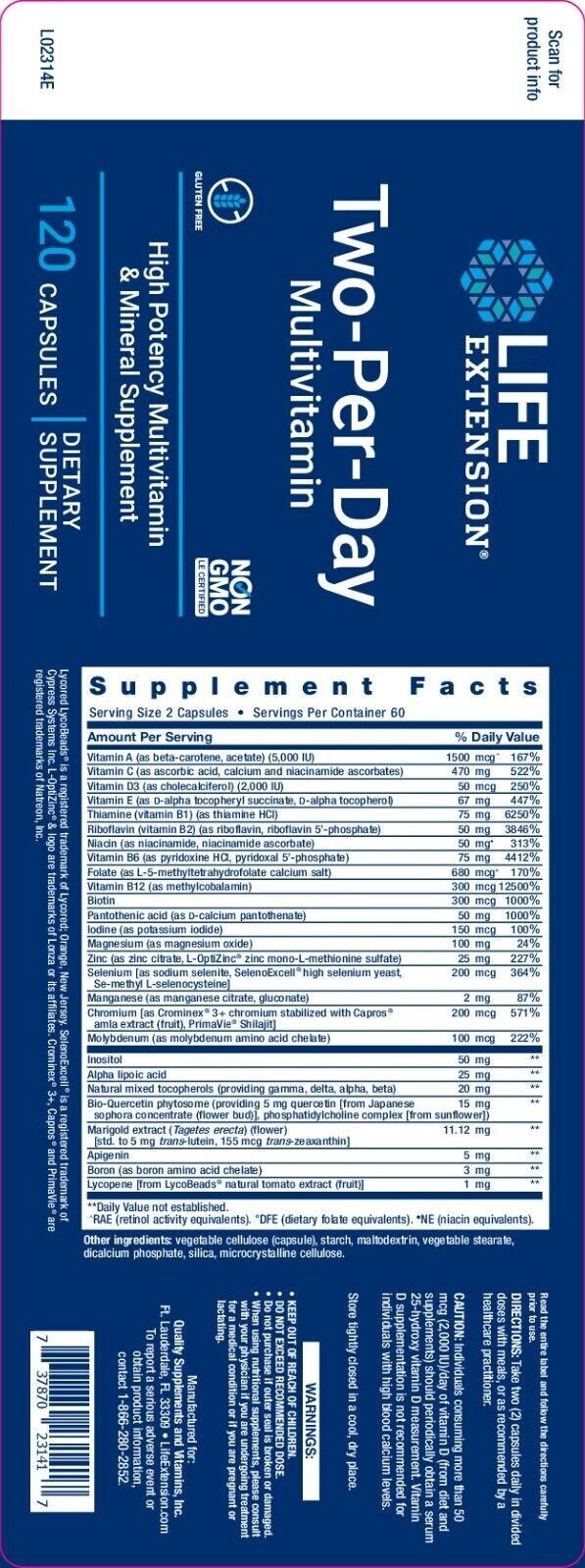 Two-Per-Day High Potency Multivitamin 120 capsules by Life Extension Get it FAST