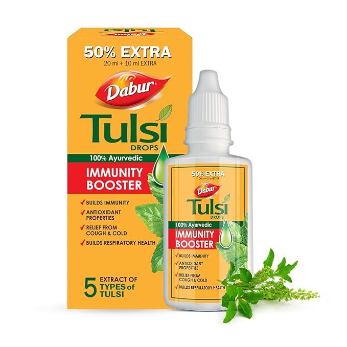 Dabur Tulsi Drops : 30ml (20ml + 10ml Free) | Contains Extracts of 5 Rare Tulsi