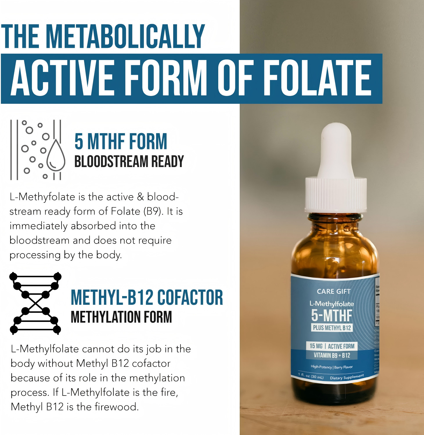 High Potency L-Methylfolate 15mg + B12 Liquid: Mood & Cognition + Free Shipping