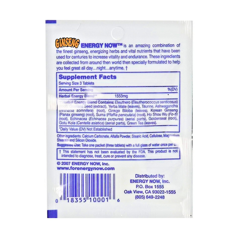 Energy Now Ginseng Herbal Supplements 24 Packs 3 Pills In Each Pack