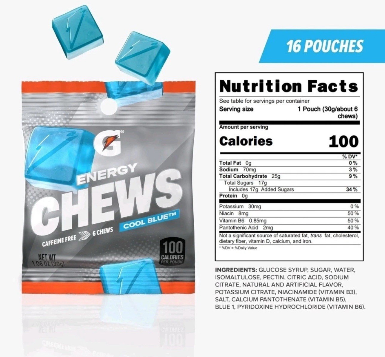 Gatorade Energy Chews, Cool Blue, No Caffeine 1 Count (Pack of 16), New In Box
