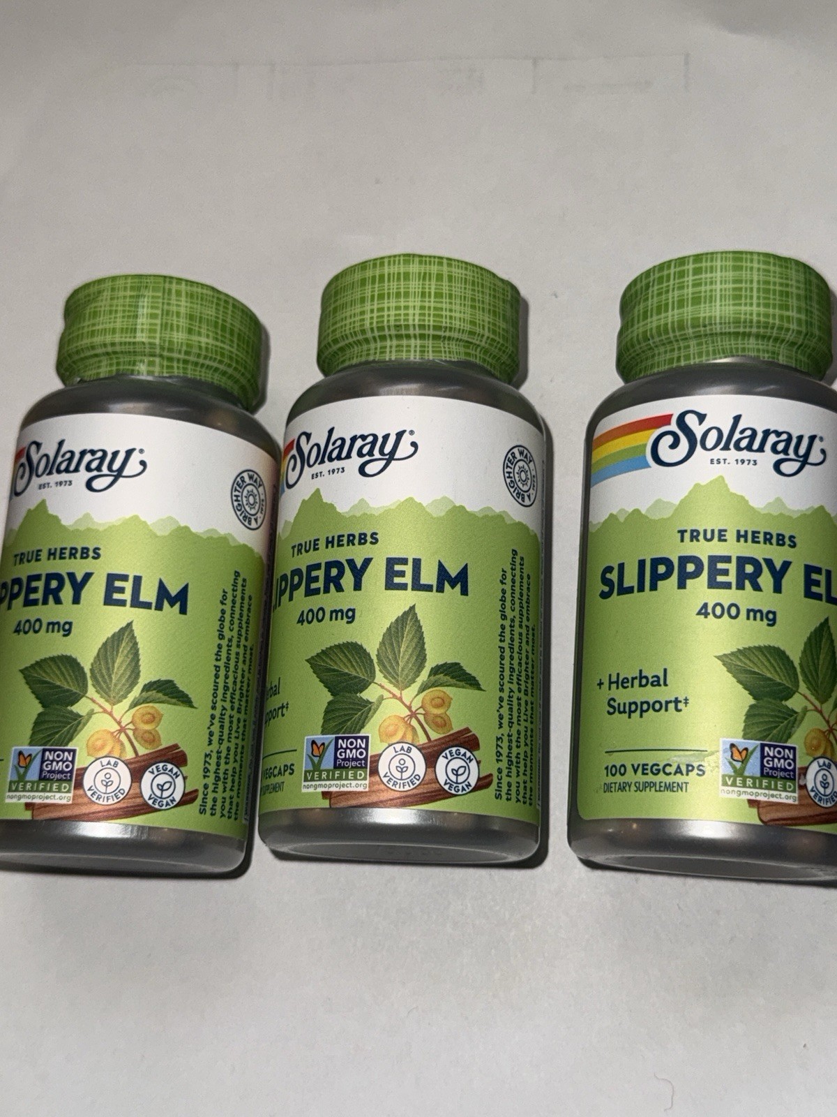 Pack of 3 Solaray True Herbs Slippery Elm 100 Veg Caps 400 Mg Each Bb 02/2029