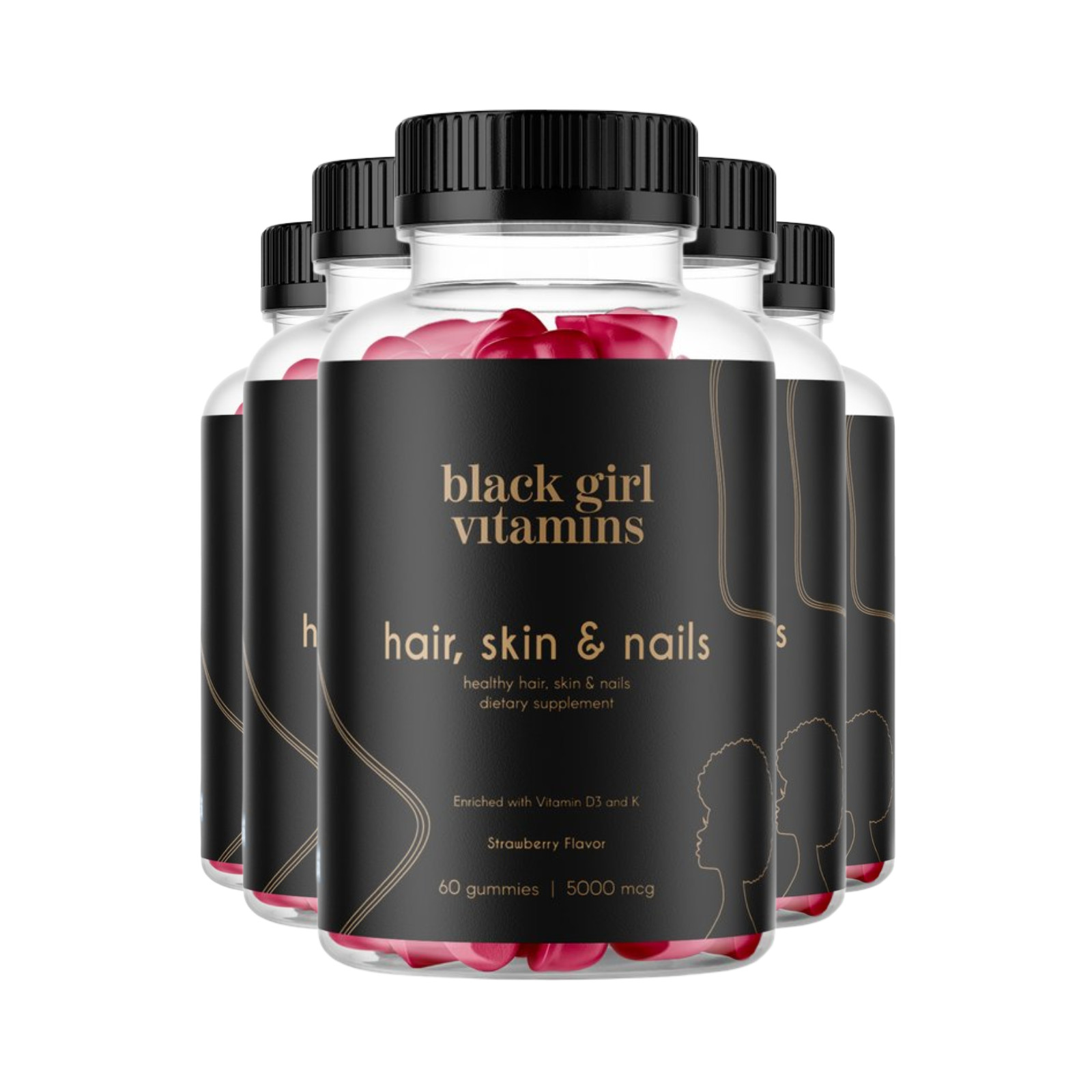 5-Pack Black Girl Vitamins Hair, Skin & Nails Support Gummies – 300 Gummies