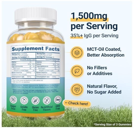 Sugar-Free Colostrum Gummies, Bovine Colostrum for Humans, Grass-Fed 8/2026