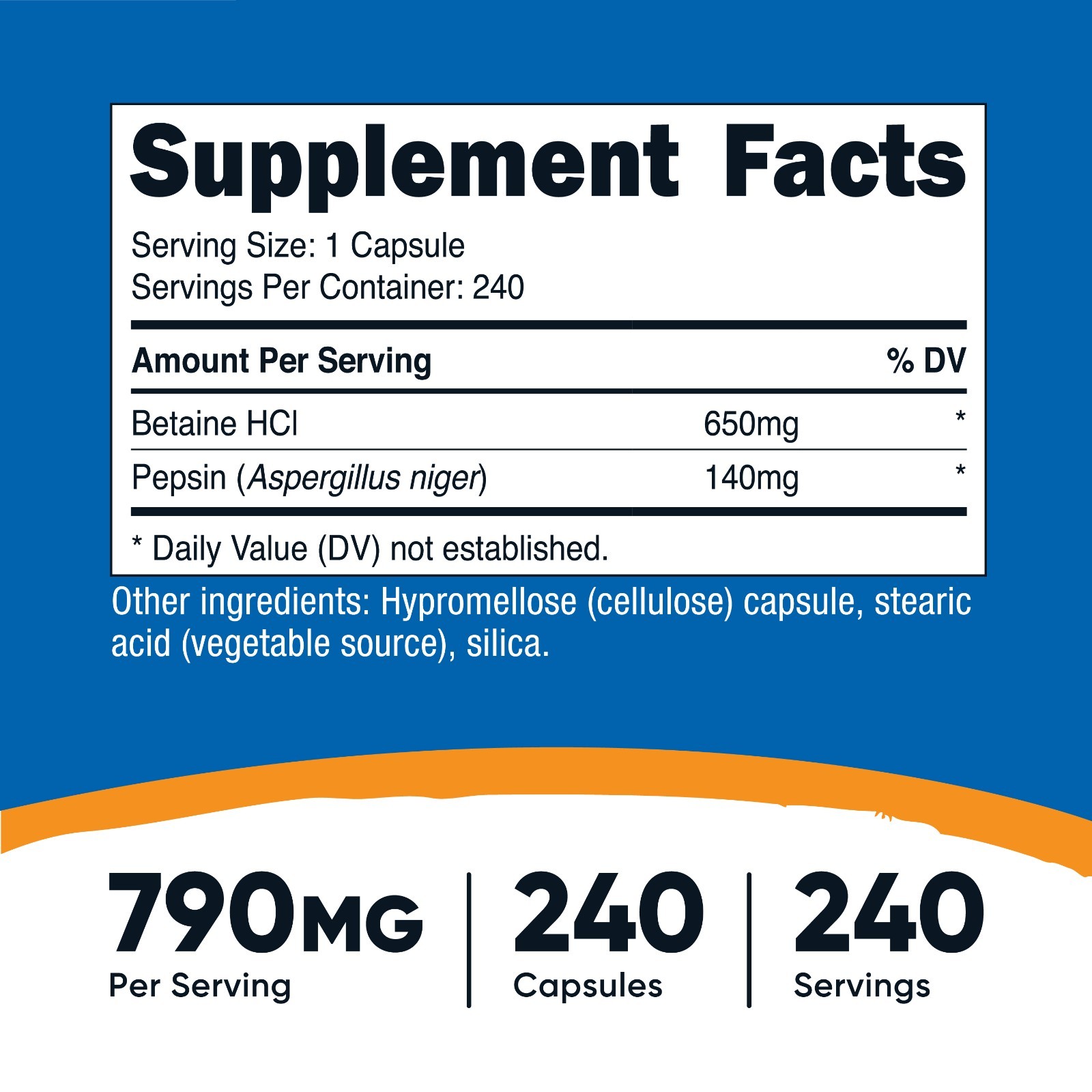 Nutricost Betaine HCl + Pepsin 790mg, 240 Capsules – Gluten Free & Non-GMO