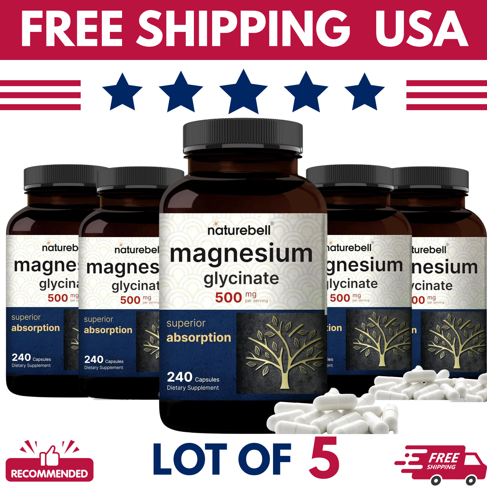 NatureBell Magnesium Glycinate 500mg 240 Capsules High Absorption Lot of 5