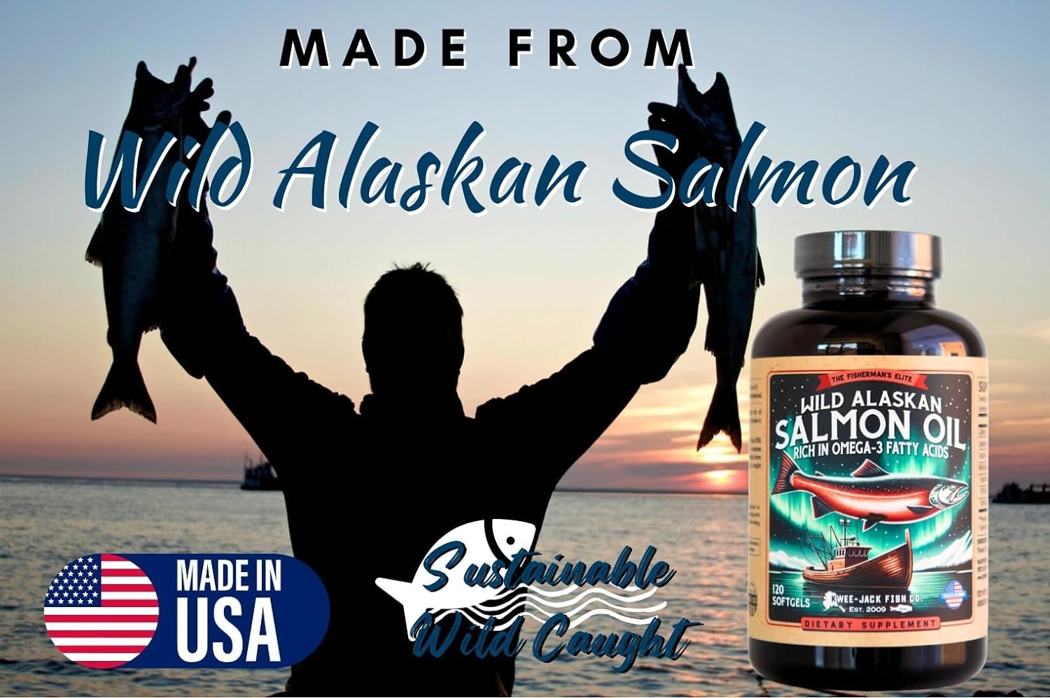 Omega-3 Supplement- Wild Alaskan Salmon Oil- 1000mg, EPA and DHA- 120 Softgels