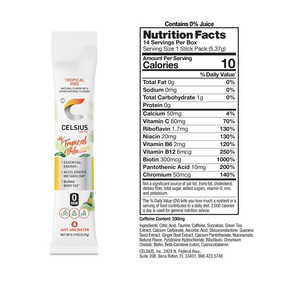 New CELSIUS On The Go Energy Drink Mix, Tropical Vibe (14 Stick Pack)