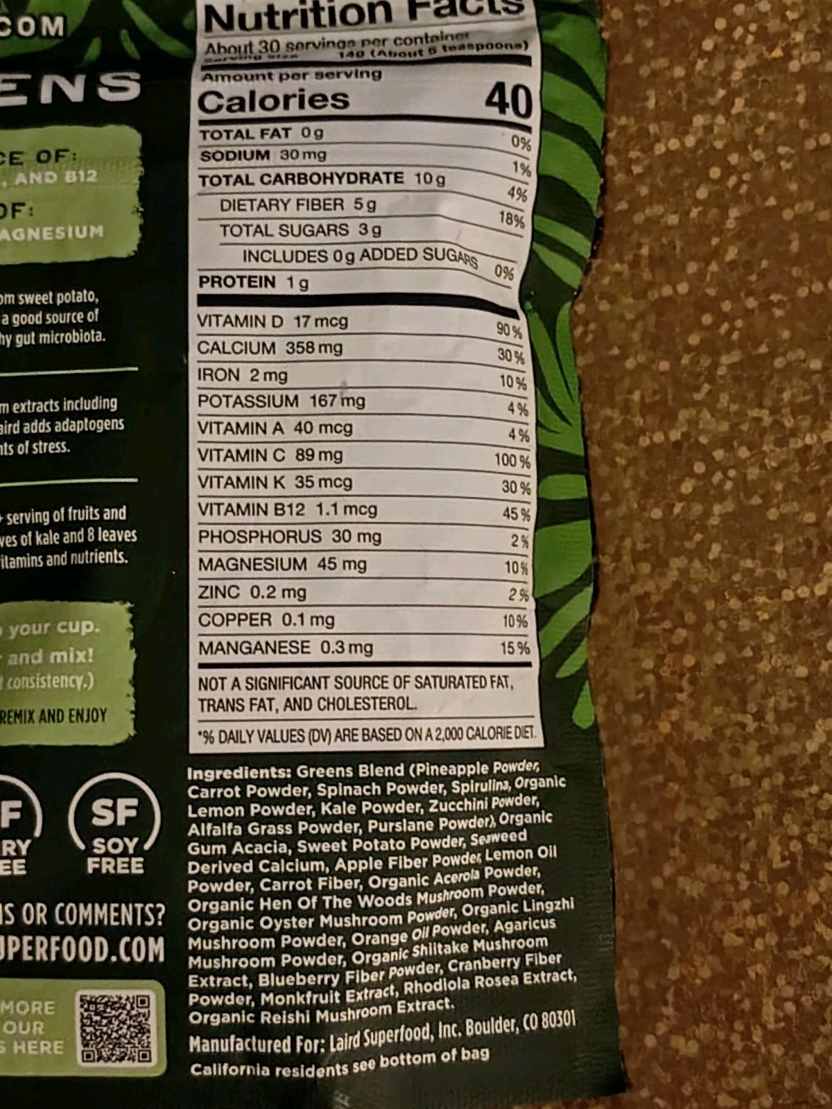 TWO LAIRD Prebiotic Superfood Daily Greens, 30 Servings 14.8oz Exp 8/2027 🆕