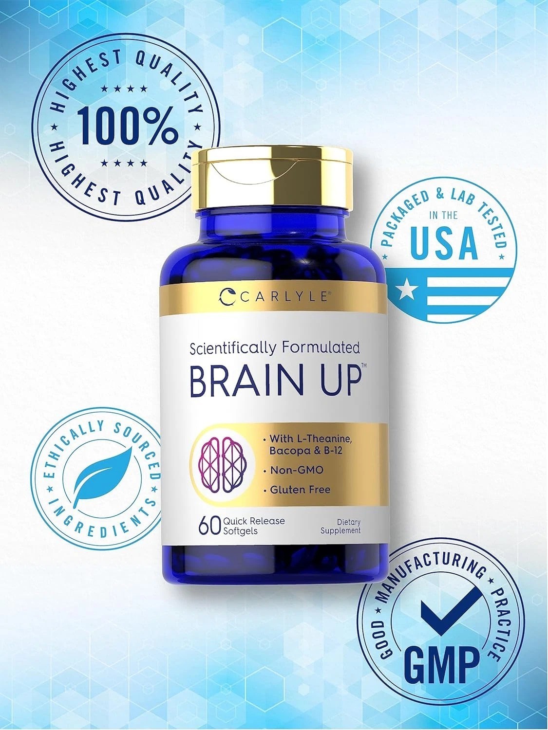 Brain up Supplement | 60 Softgels | with L-Theanine, Bacopa & B-12 | Non-Gmo, Gl